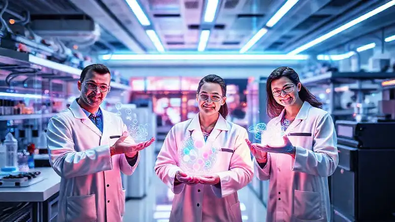 Laboratorio futurista con científicos y tecnología avanzada