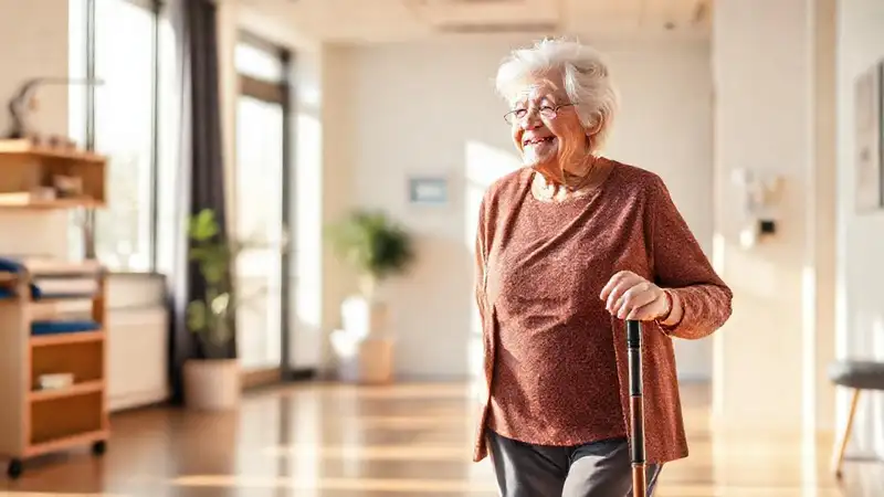 Anciana sonriente recibe terapia en clínica moderna