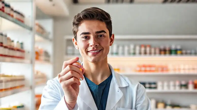 Estudiante en laboratorio farmacéutico, enfocado y profesional