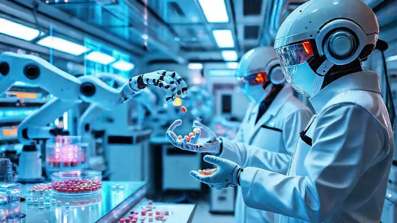 Laboratorio futurista con robots y hologramas