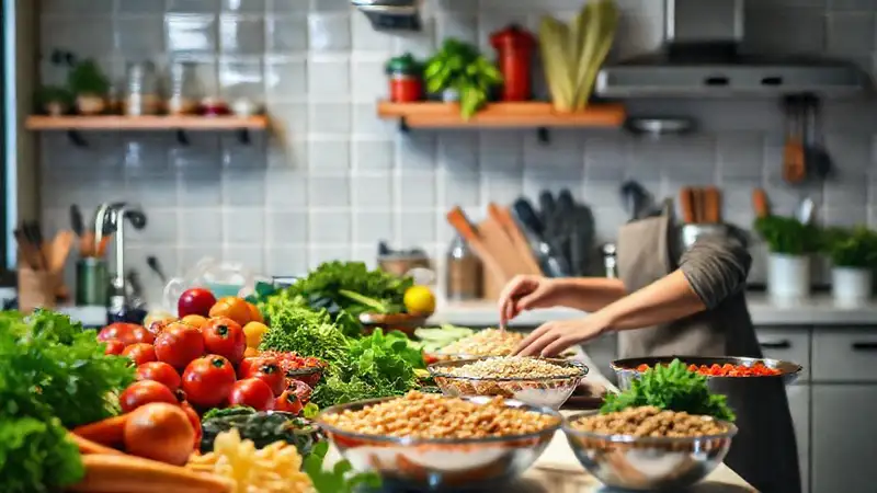 Preparación de comida saludable en cocina organizada