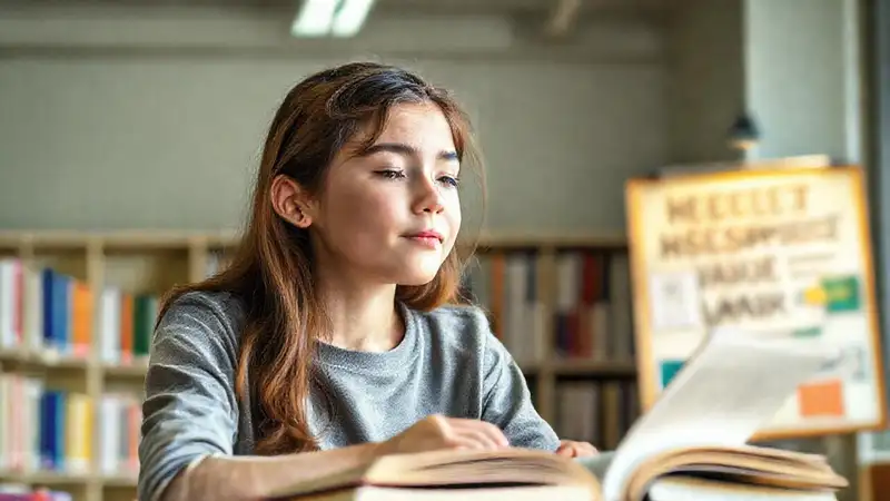 Estudiante relajado en biblioteca tranquila y colorida