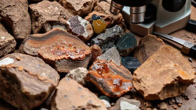 Muestras de rocas y geólogo en estudio
