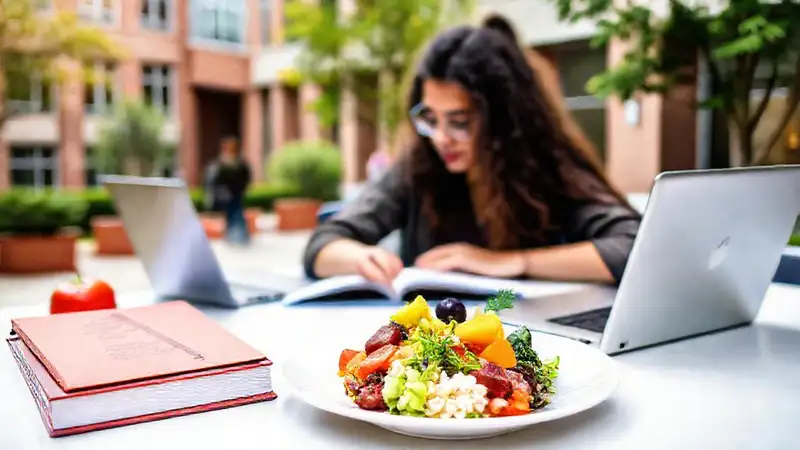 Estudiante con comida saludable en campus vibrante