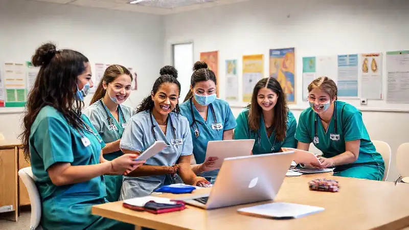 Estudiantes de enfermería colaboran en aula moderna