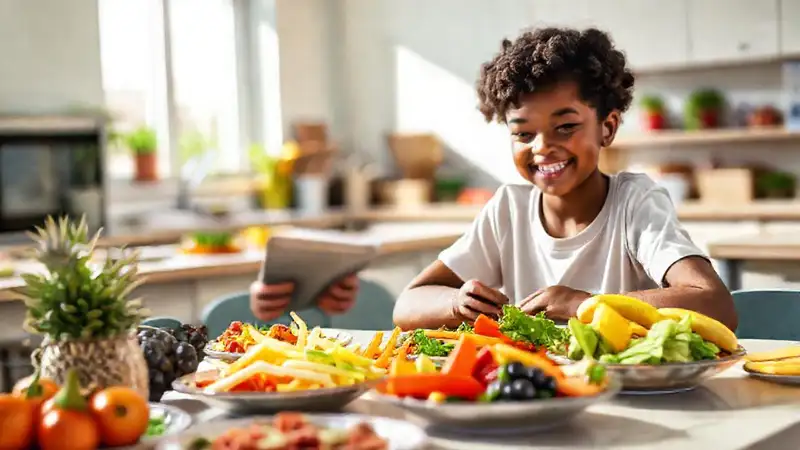 Estudiante feliz con comida saludable y colorida