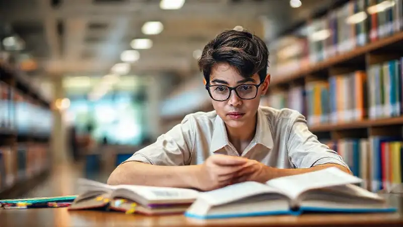 Estudiante estudiando en biblioteca moderna y motivadora