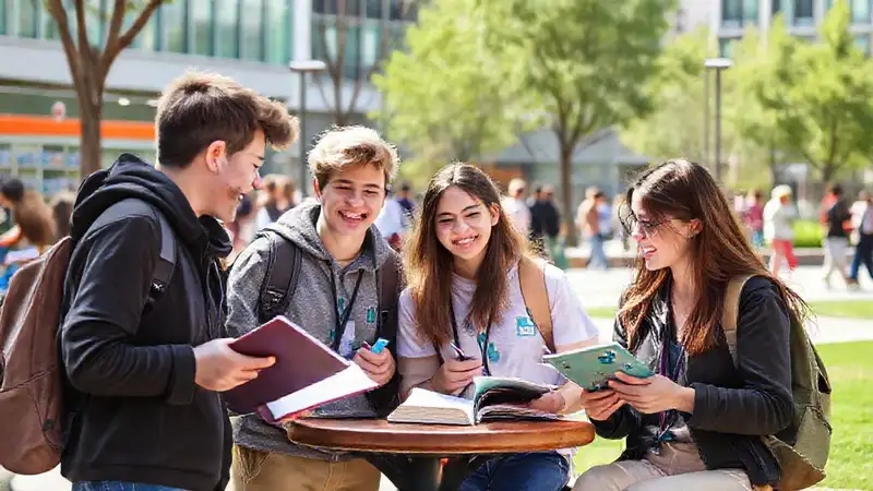 Estudiantes, actividades y símbolos en parque urbano