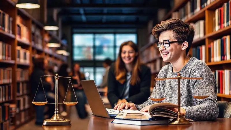 Estudiante estudia feliz en biblioteca moderna