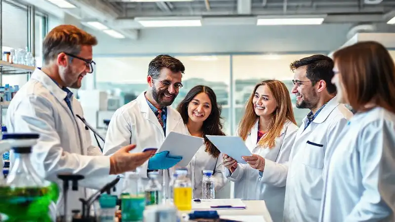 Equipo de laboratorio colaborando en un entorno amigable