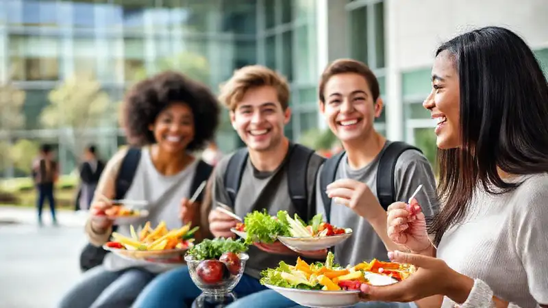 Estudiantes sanos disfrutan comidas balanceadas y vibrantes