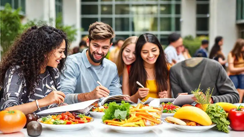 Estudiantes saludables con alimentos coloridos y energéticos