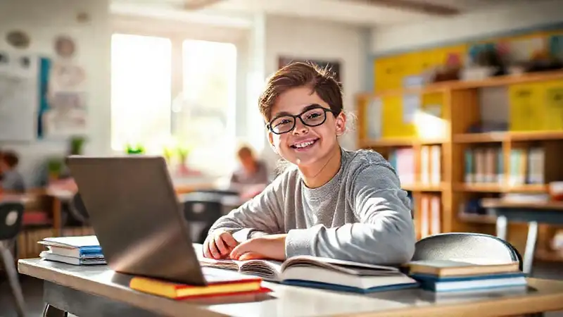 Estudiante motivado estudiando con alegría y enfoque
