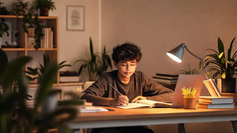 Estudiante tranquilo en entorno acogedor y calmado