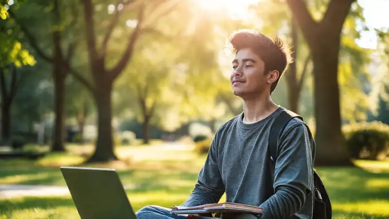 Estudiante meditando en parque universitario tranquilo