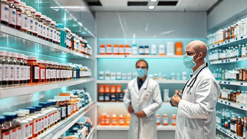 Farmacia futurista con profesionales y tecnología avanzada