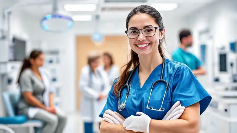 Enfermera moderna en clínica innovadora y acogedora