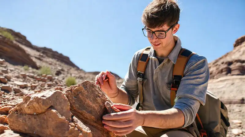 Estudiante de posgrado estudia rocas en campo