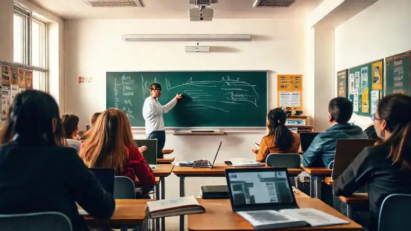 Profesor enseña en aula con estudiantes atentos