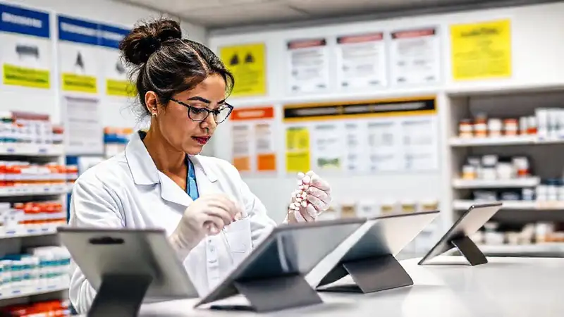 Farmacia ordenada con farmacéutico atento