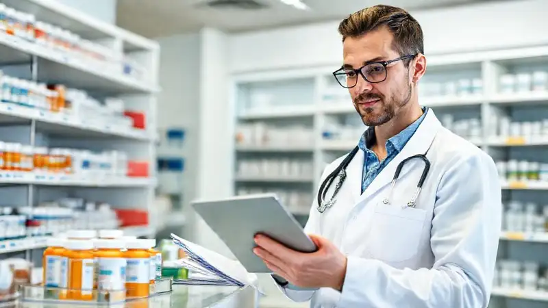 Farmacéutico revisa medicamentos en farmacia moderna