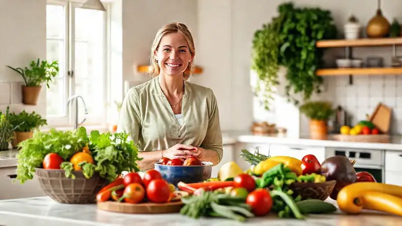 Terapeuta sonriente en cocina luminosa y saludable