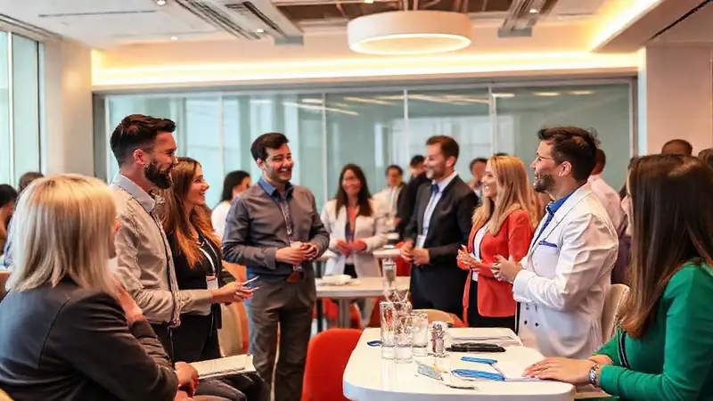 Dentistas socializando en evento profesional moderno