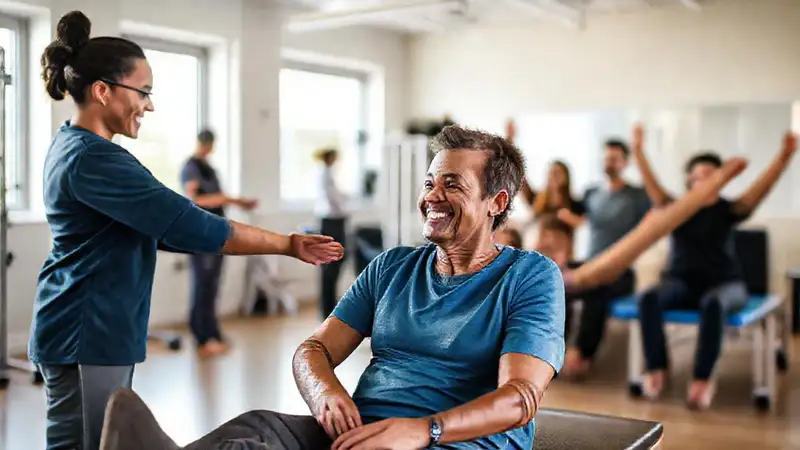 Paciente sonriendo en sesión de fisioterapia moderna