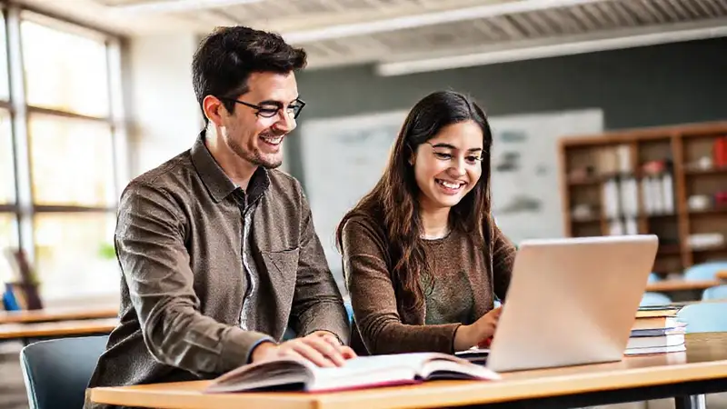 Tutor y estudiante colaborando en un entorno moderno