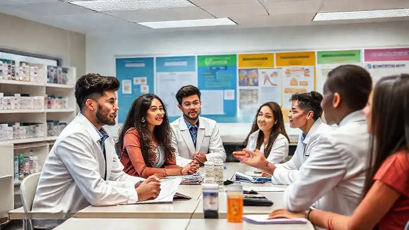 Estudiantes participan en clase de farmacia moderna