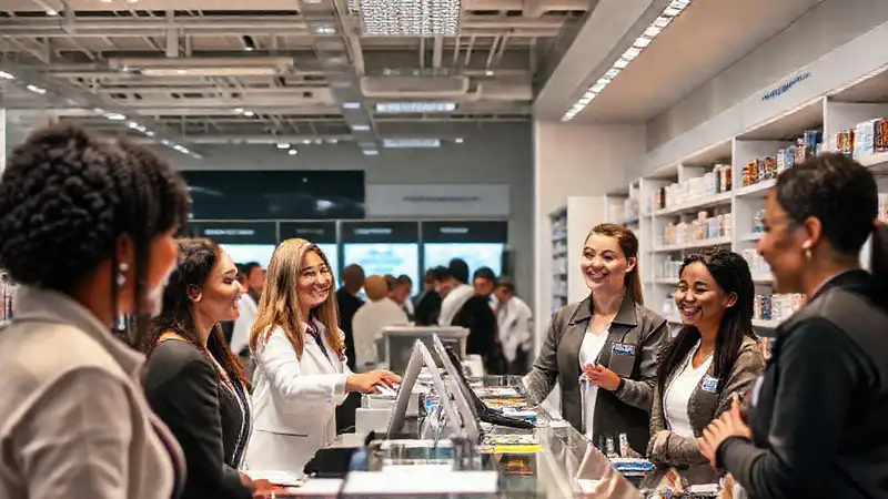 Farmacia moderna con atención amable y ambiente acogedor