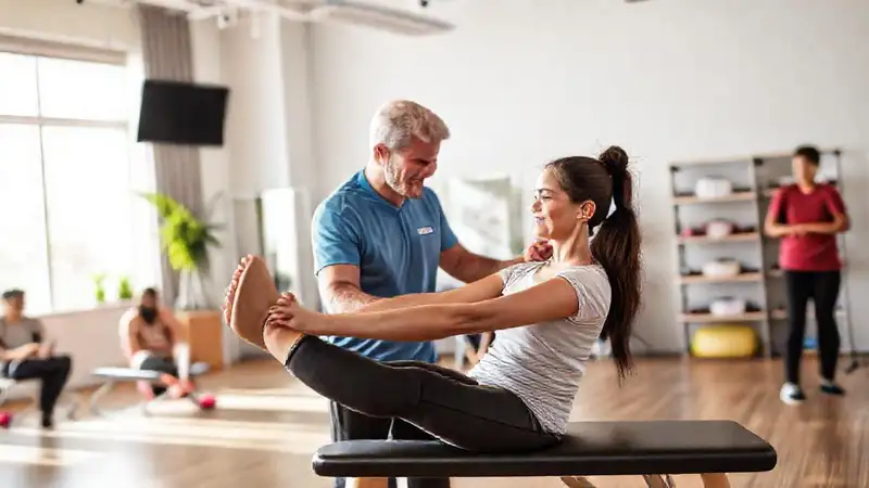 Fisioterapeuta guía ejercicio en clínica moderna