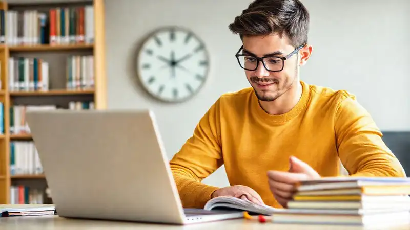 Estudiante preparado en biblioteca moderna y organizada