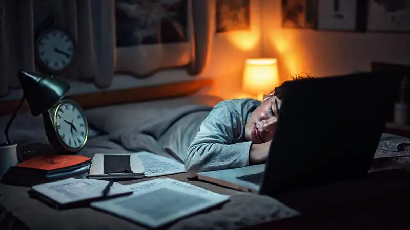 Estudiante estudia y duerme en ambiente tranquilo