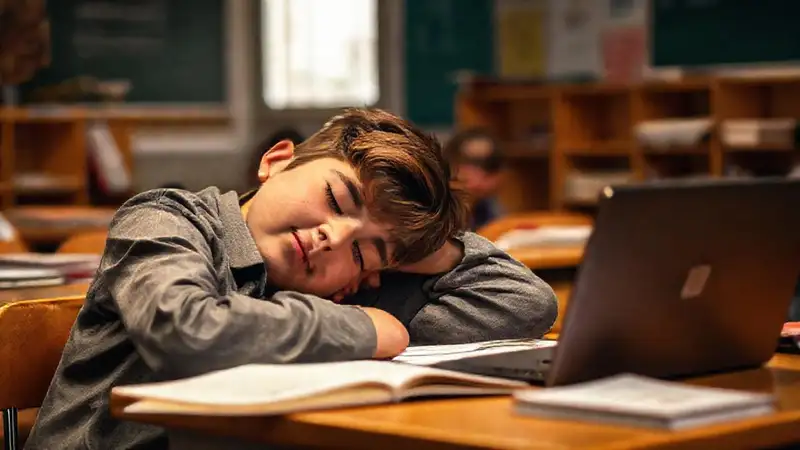 Estudiante dormido en aula con materiales
