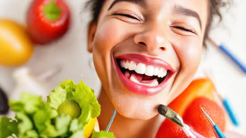 Boca sana con frutas, verduras y sonrisas