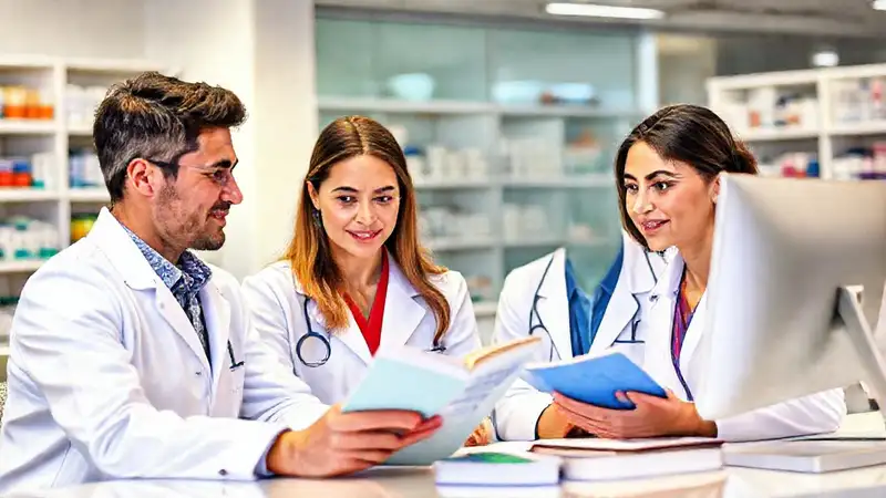 Equipo farmacéutico estudiando en un entorno moderno