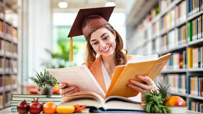 Mujer estudia nutrición en biblioteca moderna