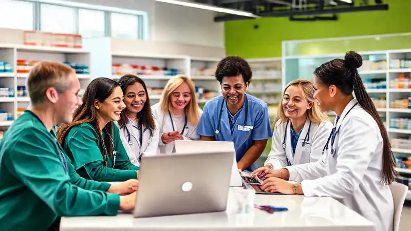 Profesionales de salud colaborando en farmacia moderna