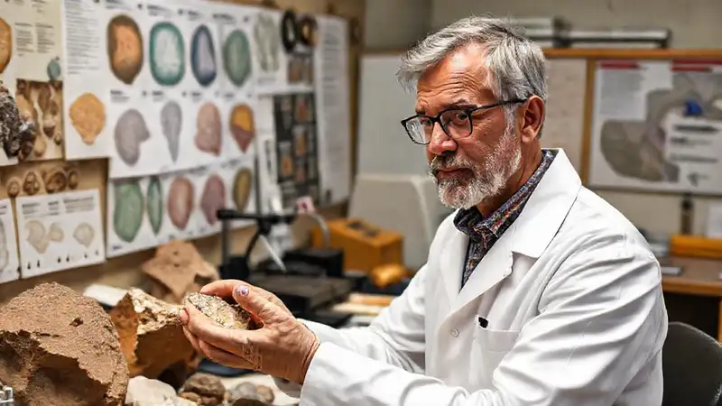 Geólogo analiza rocas en laboratorio con herramientas