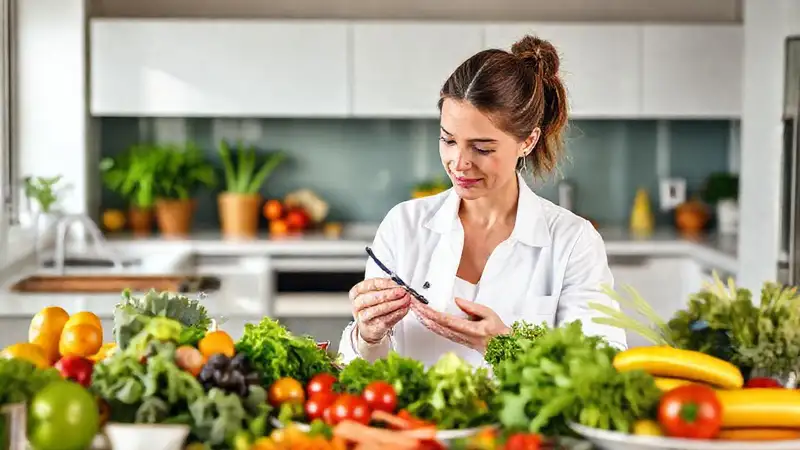 Nutricionista planifica comida saludable en cocina moderna