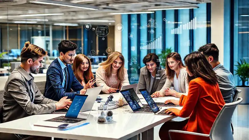 Oficina moderna con profesionales colaborando digitalmente