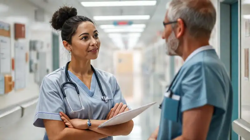 Enfermera consulta con paciente en hospital profesional