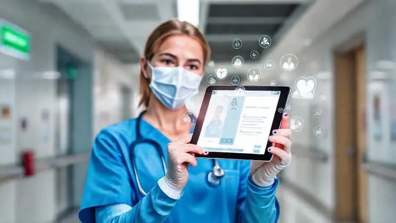 Enfermera con tablet en hospital moderno