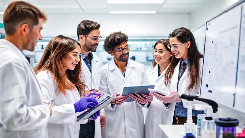 Equipo de laboratorio colaborando con tecnología moderna