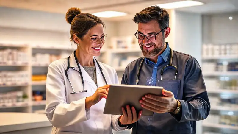 Farmacéutico y paciente en comunicación digital confiada