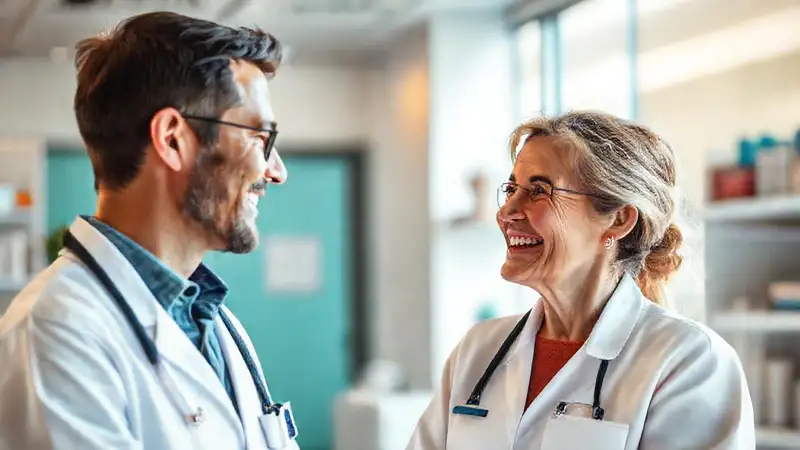 Farmacéutico y paciente conversan en ambiente amigable