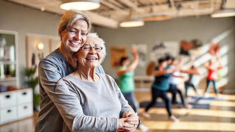Terapeuta ayuda a anciano en clínica moderna y cálida