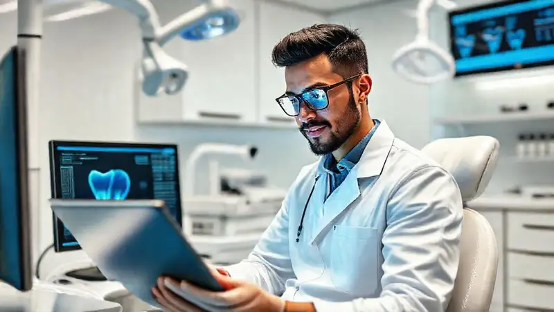 Estudiante dental utilizando tecnología en clínica moderna