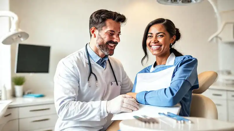 Dentista amigable en clínica moderna y luminosa